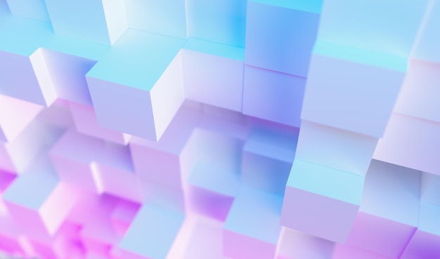 Abstract technological cube background with colorful bright neon uv blue and purple lights