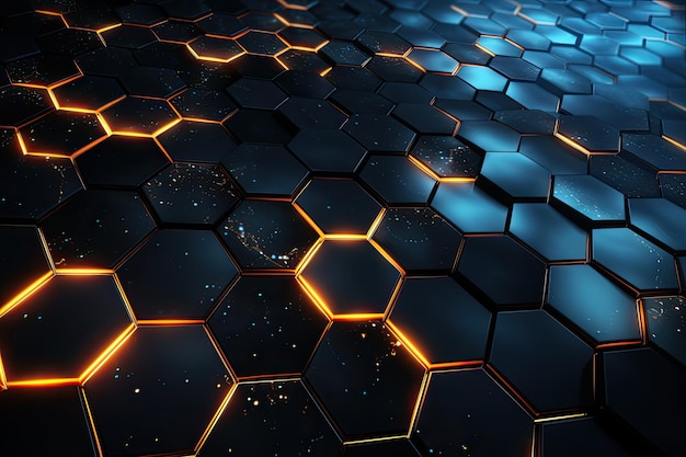 Abstract technology background with glowing hexagons 3d rendering toned image Futuristic High Tech Black background with a hexagm AI Generated