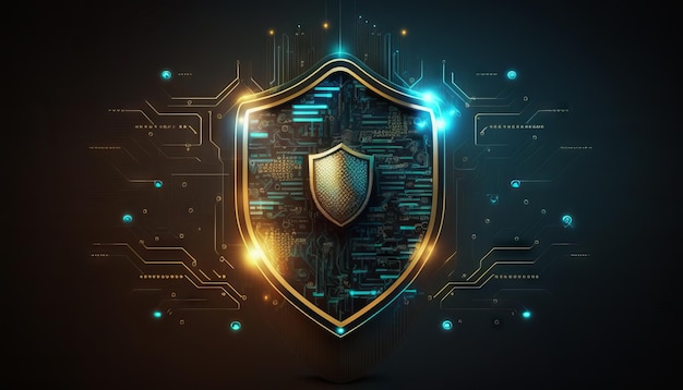 Abstract technology circuit board background with shield symbols concept of data protection and cyber privacy Generative ai