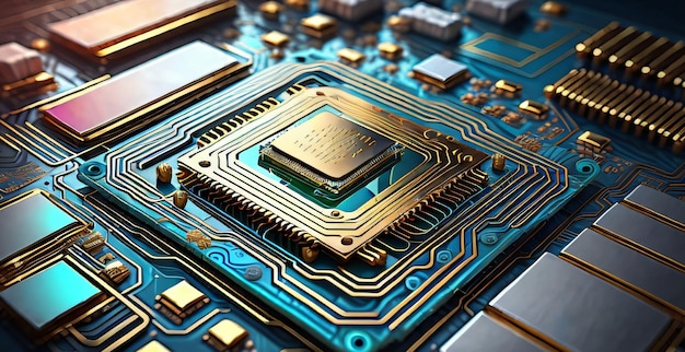 Abstract technology circuit design of a computer board and processor created with generative AI