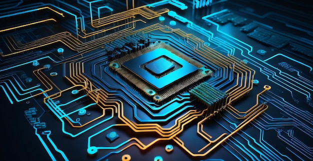 Abstract technology circuit design of a computer board and processor created with generative AI