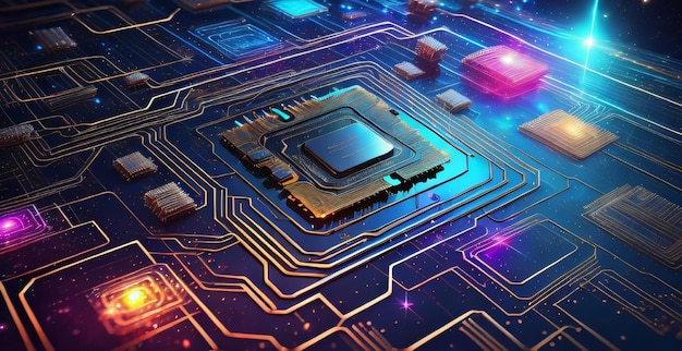 Abstract technology circuit design of a computer board and processor created with generative AI