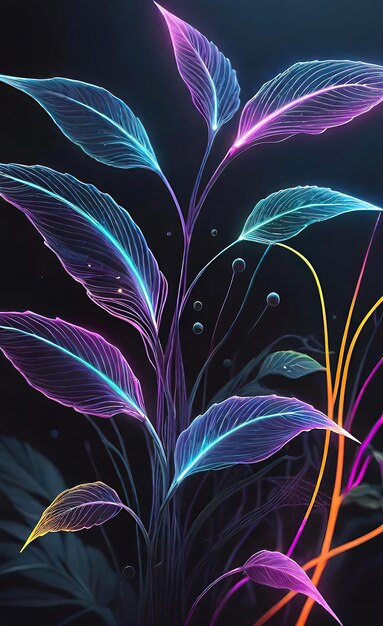 Abstract technology fractal background with neon plant pattern on dark background illustration