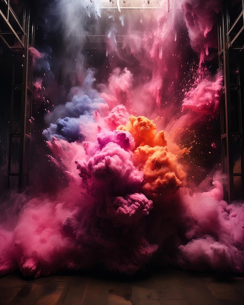 Abstract template on dust powder explosion Holi backdrop Indian traditional Holiday colorful powder explosion generative AI