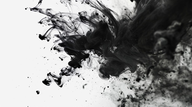 Abstract texture of black ink watercolor flow blot with drops and splashes creating a color stain o