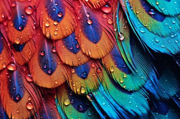 Abstract Texture of Colorful Feather with Dew Drops