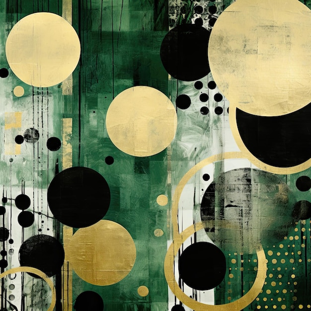 Abstract textured grunge green and gold background with geometric elements and circles Generative ai