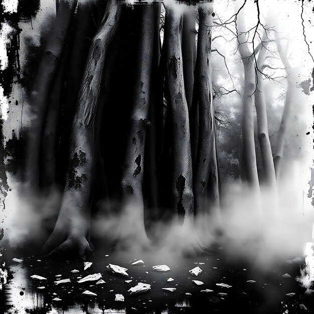 Photo abstract thick tree trunks densely packed broken pieces of bark scattered thin layers of fog restin