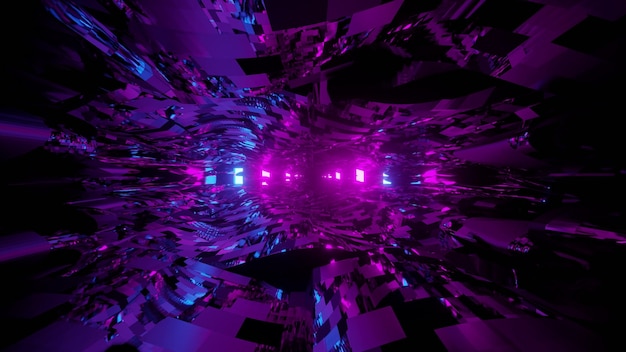 Abstract three dimensional illustration of curvy fuzzy transparent waves flowing against glowing purple and blue lights on black background