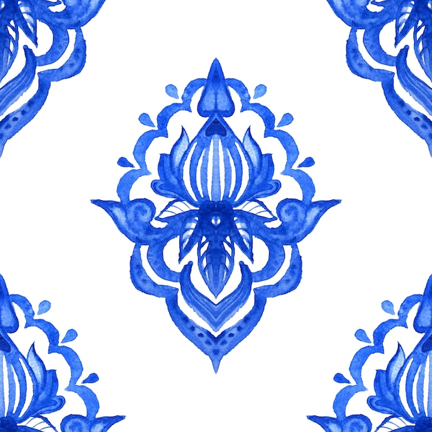 Abstract tile arabesque damask watercolor hand drawn seamless pattern for fabric and ceramic design.