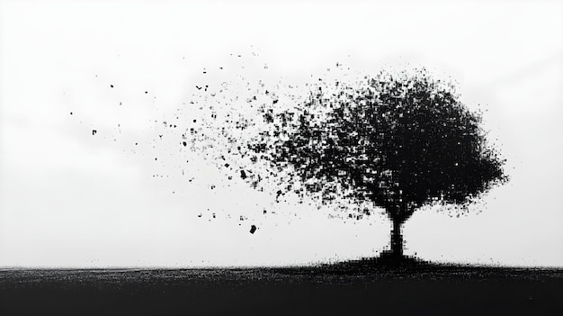 Abstract tree in pixelated black and white with transparent background image