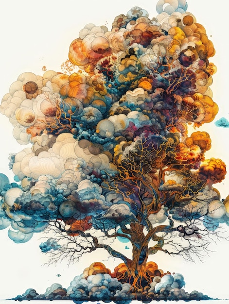 Abstract Tree with Watercolor Clouds and Swirls