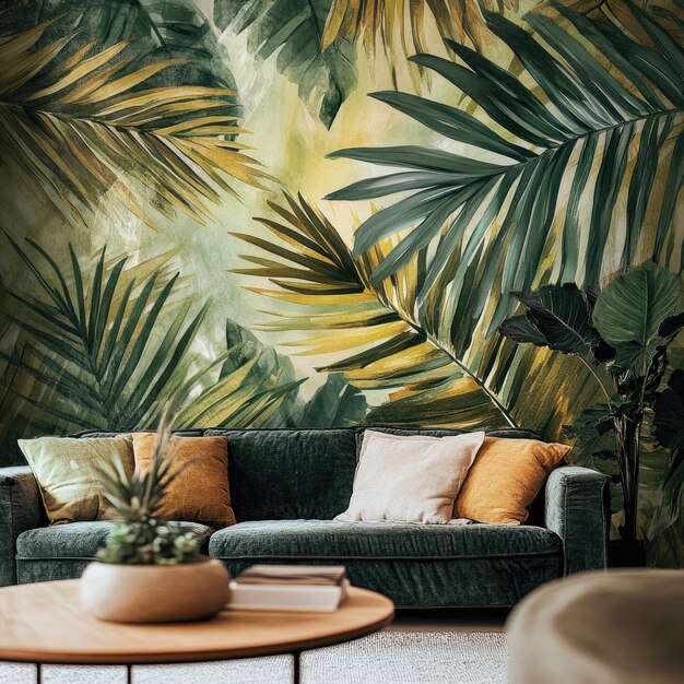 Photo abstract tropical jungle wallpaper in cozy living room setting