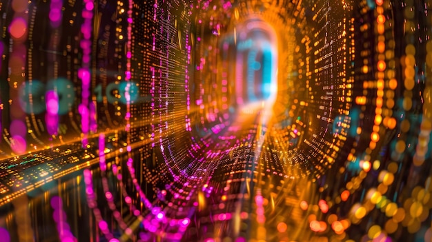 Abstract Tunnel of Light and Data A digital tunnel with vibrant colorful lights symbolizing