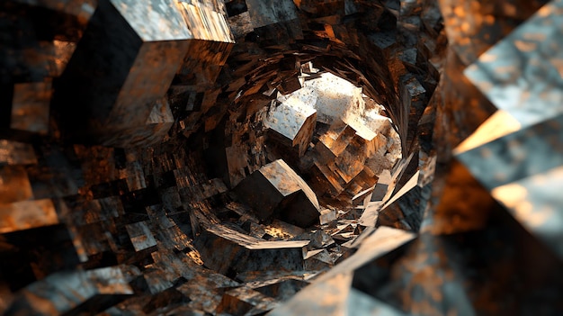 Photo abstract tunnel of metallic cubes with a glowing effect