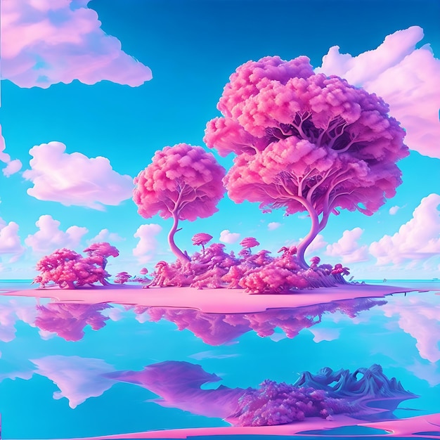 Abstract unique background Fantasy landscape of pink island surrounded by calm water