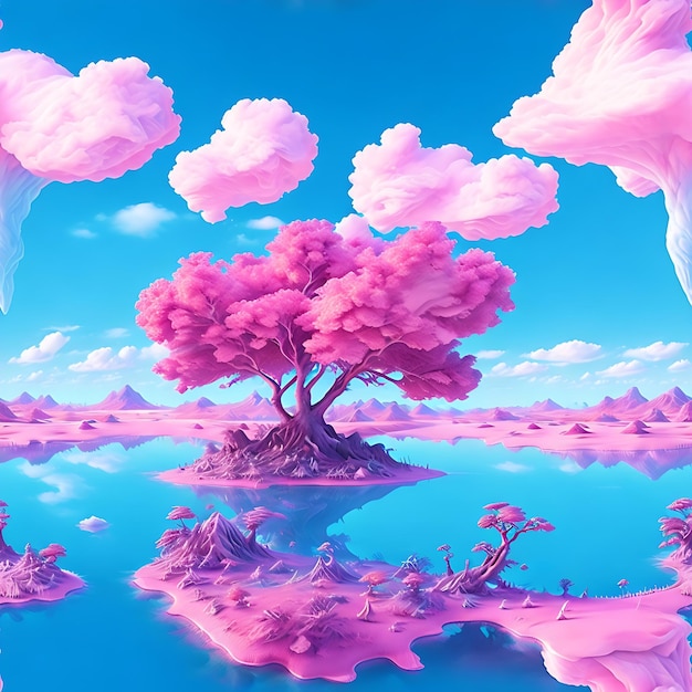 Abstract unique background Fantasy landscape of pink island surrounded by calm water