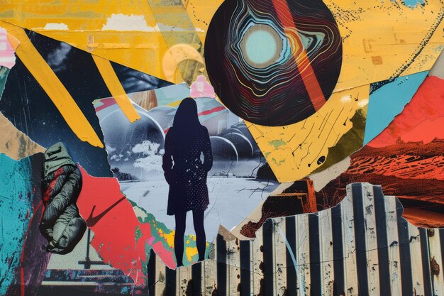 Abstract Urban Art Collage with Silhouetted Figure and Surreal Elements