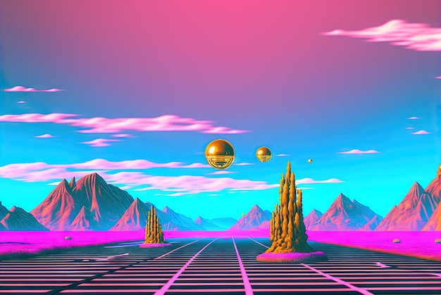 Abstract vaporwave scene with golden ball on the landscape with mountains 80s styled pink and blue surreal composition Generated AI