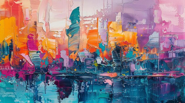 Abstract vibrant cityscape painting with reflection in water vivid colors