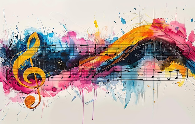 Abstract vibrant music notation drawing watercolor background with musical notes