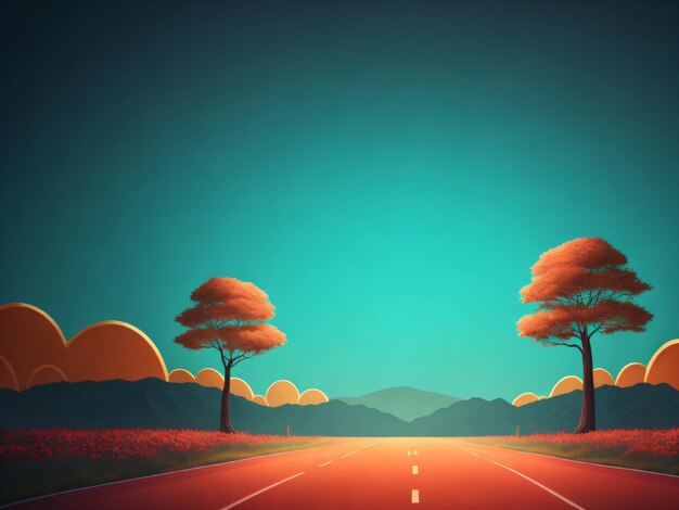 Abstract vibrant road with trees on it in front of mountains summer wallpaper for desktop