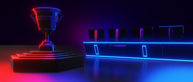 Abstract video game of scifi gaming red blue vs esports backgound vr virtual reality simulation and metaverse scene stand pedestal stage 3d illustration rendering futuristic neon glow room