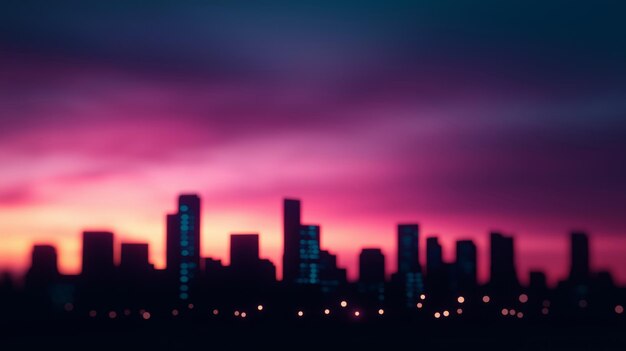 Photo abstract view of a city skyline at dusk with a gradient sky in shades of pink and purple featuring illuminated buildings