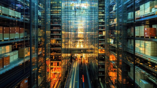 Photo abstract view of a multilevel warehouse with rows of stacked boxes