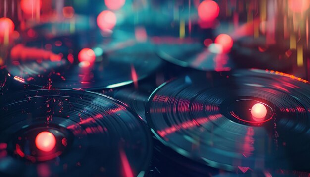 Photo abstract vinyl records with vibrant red and blue neon lights reflecting on the surface