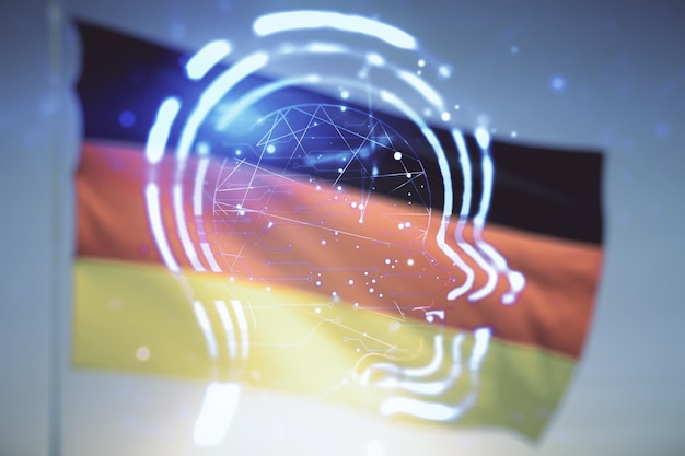 Abstract virtual artificial Intelligence interface with human head hologram on flag of Germany and sunset sky background Multiexposure