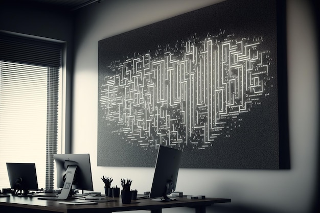 Abstract virtual binary code doodle on a contemporary office setting