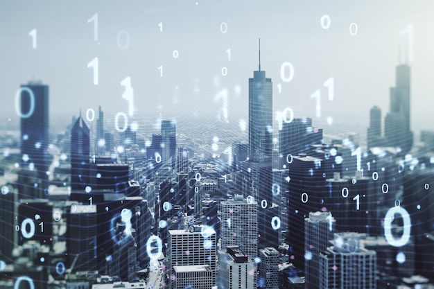 Abstract virtual binary code illustration on Chicago skyline background Big data and coding concept Multiexposure