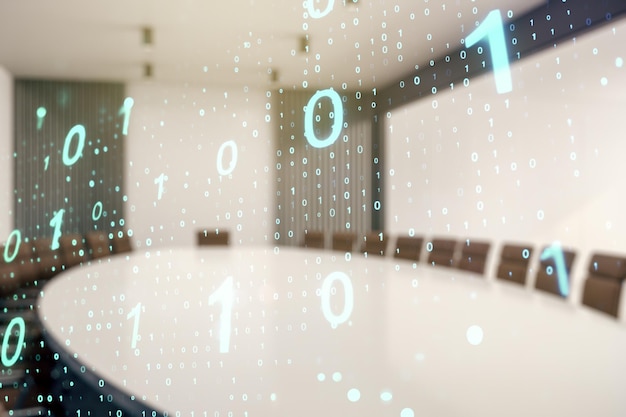 Abstract virtual binary code sketch on a modern boardroom background hacking and matrix concept Multiexposure