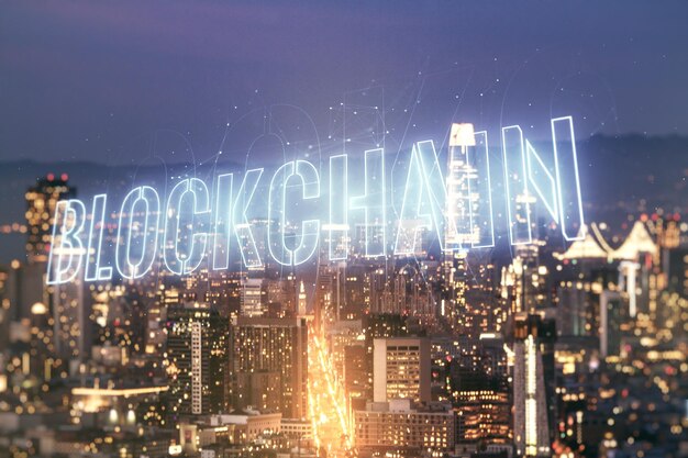 Abstract virtual blockchain technology hologram on San Francisco skyline background digital money transfers and decentralization concept Multiexposure