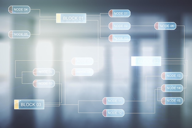 Abstract virtual coding concept on empty corporate office background Multiexposure