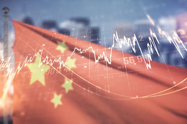 Abstract virtual financial graph hologram on Chinese flag and skyline background financial and trading concept Multiexposure