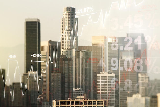 Abstract virtual financial graph hologram on Los Angeles skyline background forex and investment concept Multiexposure