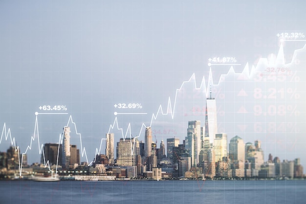 Abstract virtual financial graph hologram on New York skyline background forex and investment concept Multiexposure