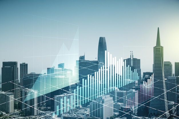 Abstract virtual financial graph hologram on San Francisco skyline background forex and investment concept Multiexposure