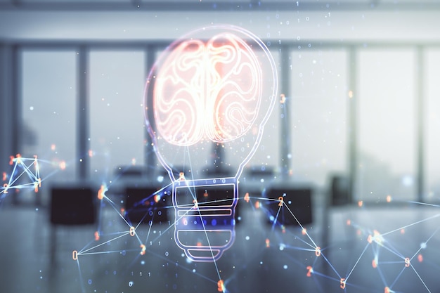 Abstract virtual idea concept with light bulb and human brain illustration on a modern conference room background Neural networks and machine learning concept Multiexposure