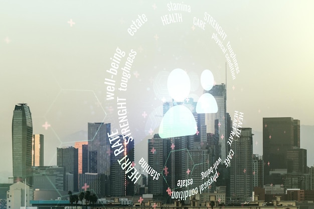 Abstract virtual people icons sketch on Los Angeles office buildings background life and real estate insurance online concept Double exposure