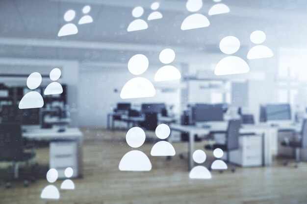 Abstract virtual social network hologram on a modern furnished classroom background Double exposure