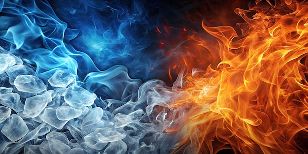 abstract vivid contrast blue toned ice left orange toned flames elemental clash between fire ice