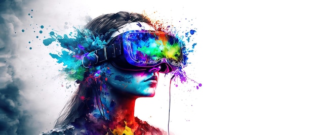 Abstract VR headset glasses portrait with colorful double exposure paint with Generative AI