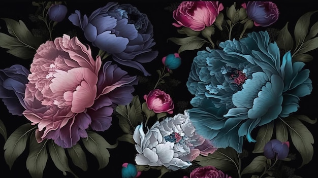 Abstract wallpaper of beautiful peonies on a dark background Generative AI