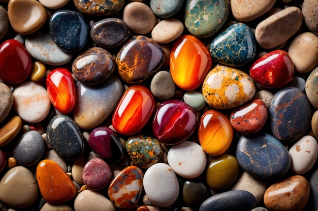 Abstract wallpaper texture of colorful polished pebbles stones background top view