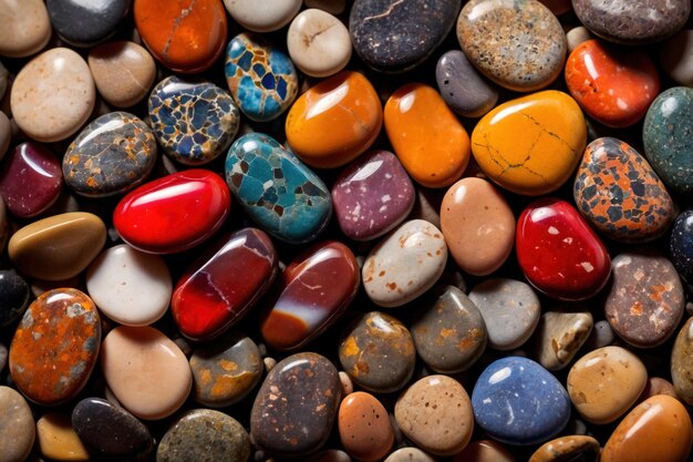 Abstract wallpaper texture of colorful polished pebbles stones background top view