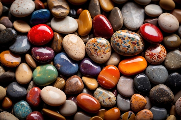 Abstract wallpaper texture of colorful polished pebbles stones background top view