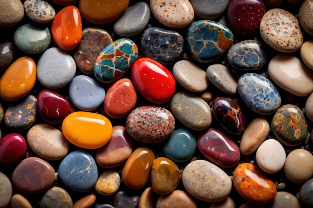 Abstract wallpaper texture of colorful polished pebbles stones background top view